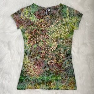 Street Flower Green Floral Paisley Print Short Sleeve Top with Metallic Details